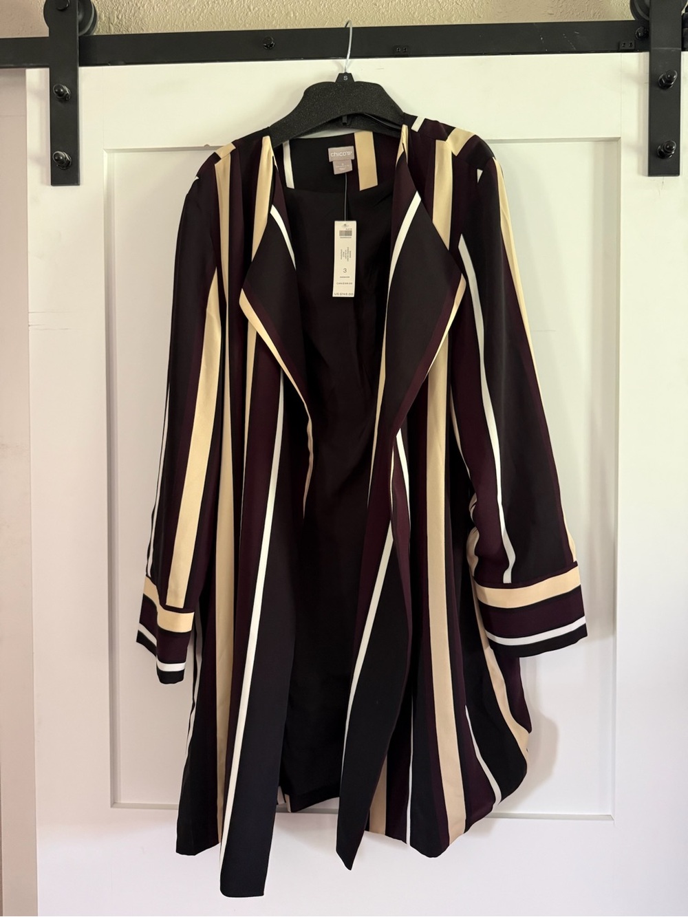 Chico's Striped Open-Front Trench Coat in Black, Cream & Burgundy